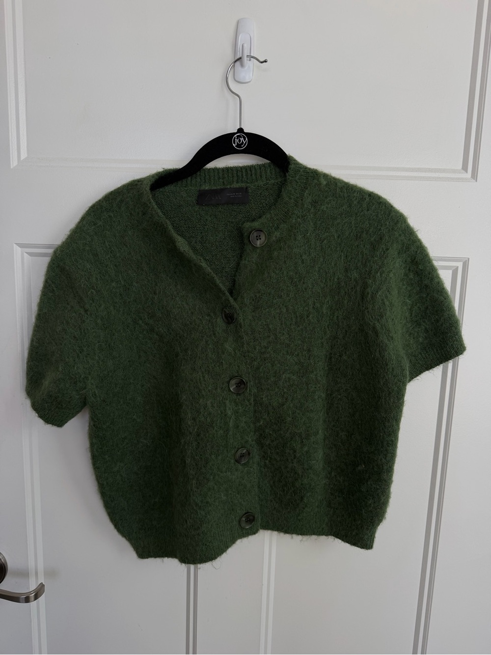 Zara Dark Green Fuzzy Button-Front Short Sleeve Cardigan